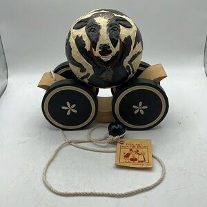 Briere Pull Toy 1988 Holstein Cow Ball Wheel Cart Wood Handmade Collectible Vtg